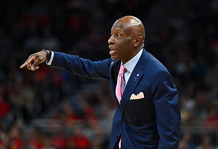 Mar 18, 2022; Milwaukee, WI, USA; Yale Bulldogs head coach James Jones reacts during the first half against the Purdue Boilermakers in the first round of the 2022 NCAA Tournament at Fiserv Forum. Mandatory Credit: Benny Sieu-USA TODAY Sports