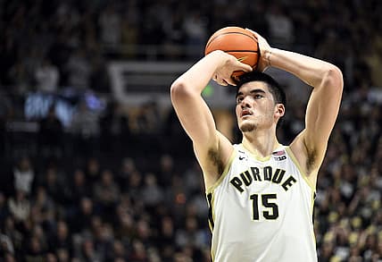 Dec 7, 2022; West Lafayette, Indiana, USA; Purdue Boilermakers center Zach Edey (15) shoots a free throw during the second half against the Hofstra Pride at Mackey Arena. Boilermakers defeated the Pride 85-66. Mandatory Credit: Marc Lebryk-USA TODAY Sports