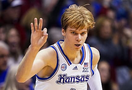 Dec 17, 2022; Lawrence, Kansas, USA; Kansas Jayhawks guard Gradey Dick (4) celebrates after scoring during the first half against the Indiana Hoosiers at Allen Fieldhouse. Mandatory Credit: Jay Biggerstaff-USA TODAY Sports