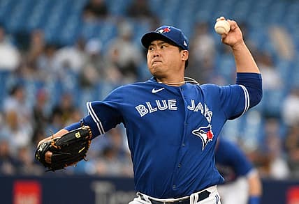 Jun 1, 2022; Toronto, Ontario, CAN; Toronto Blue Jays starting pitcher Hyun Jin Ryu (990 delivers a pitch against the Chicago White Sox in the second inning at Rogers Centre. Mandatory Credit: Dan Hamilton-USA TODAY Sports