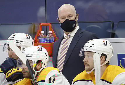 Jan 30, 2021; Tampa, Florida, USA; Nashville Predators head coach John Hynes during the first period against the Tampa Bay Lightning at Amalie Arena. Mandatory Credit: Kim Klement-USA TODAY Sports