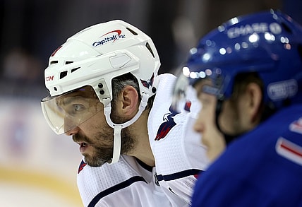Mar 30, 2021; New York, New York, USA; Washington Capitals left wing Alex Ovechkin (8) looks on against the New York Rangers during a game at Madison Square Garden. Mandatory Credit: Al Bello/POOL PHOTOS-USA TODAY Sports