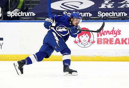 Apr 15, 2021; Tampa, Florida, USA; Tampa Bay Lightning center Alex Barre-Boulet (60) shoots against the Florida Panthers during the first period at Amalie Arena. Mandatory Credit: Kim Klement-USA TODAY Sports
