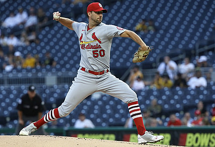 Aug 11, 2021; Pittsburgh, Pennsylvania, USA;  St. Louis Cardinals starting pitcher Adam Wainwright (50) delivers a pitch against the Pittsburgh Pirates during the first inning at PNC Park. Mandatory Credit: Charles LeClaire-USA TODAY Sports