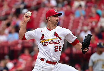 Aug 18, 2021; St. Louis, Missouri, USA;  St. Louis Cardinals starting pitcher Jack Flaherty (22) pitches during the first inning against the Milwaukee Brewers at Busch Stadium. Mandatory Credit: Jeff Curry-USA TODAY Sports