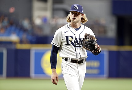 Sep 20, 2021; St. Petersburg, Florida, USA;   Tampa Bay Rays pitcher Shane Baz (11) looks on at the end of the second inning against the Toronto Blue Jays at Tropicana Field. Mandatory Credit: Kim Klement-USA TODAY Sports