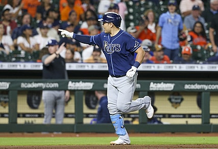 Sep 29, 2021; Houston, Texas, USA; Tampa Bay Rays first baseman Ji-Man Choi (26) reacts to his three run home run against the Houston Astros in the fifth inning at Minute Maid Park. Mandatory Credit: Thomas Shea-USA TODAY Sports