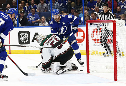 Oct 28, 2021; Tampa, Florida, USA;  Tampa Bay Lightning center Steven Stamkos (91) scores a goal on Arizona Coyotes goaltender Ivan Prosvetov (50) during the first period at Amalie Arena. Mandatory Credit: Kim Klement-USA TODAY Sports