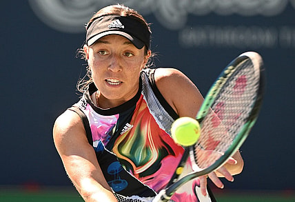 Aug 12, 2022; Toronto, ON, Canada;  Jessica Pegula (USA) plays a shot against Yulia Putintseva (KAZ) (not pictured) at Sobeys Stadium. Mandatory Credit: Dan Hamilton-USA TODAY Sports