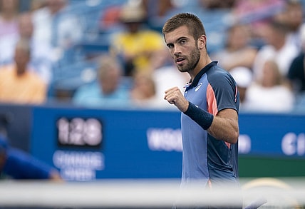 Aug 21, 2022; Cincinnati, OH, USA; Borna Coric (CRO) reacts to a shot during the men   s final match against Stefanos Tsitsipas (GRE) at the Western & Southern Open at the Lindner Family Tennis Center. Mandatory Credit: Susan Mullane-USA TODAY Sports