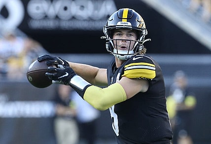 Aug 28, 2022; Pittsburgh, Pennsylvania, USA;  Pittsburgh Steelers quarterback Kenny Pickett (8) passes the ball against the Detroit Lions during the third quarter at Acrisure Stadium. Mandatory Credit: Charles LeClaire-USA TODAY Sports