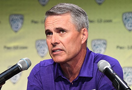 Jul 24, 2019; Los Angeles, CA, USA; Washington Huskies coach Chris Petersen during Pac-12 football media day at Hollywood & Highland. Mandatory Credit: Kirby Lee-USA TODAY Sports