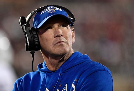 Kansas' head football coach Lance Leipold looks up during the Big 12 football game against Texas Tech, Saturday, Nov. 12, 2022, at Jones AT&T Stadium.
