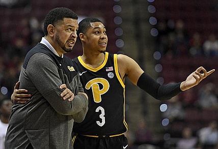 Feb 11, 2023; Tallahassee, Florida, USA; Pittsburgh Panthers guard Greg Elliott (3) speaks with head coach Jeff Capel during the first half against the Florida State Seminoles at Donald L. Tucker Center. Mandatory Credit: Melina Myers-USA TODAY Sports