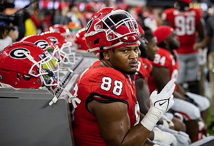 Jan 9, 2023; Inglewood, CA, USA; Georgia Bulldogs defensive lineman Jalen Carter (88) against the TCU Horned Frogs during the CFP national championship game at SoFi Stadium. Mandatory Credit: Mark J. Rebilas-USA TODAY Sports