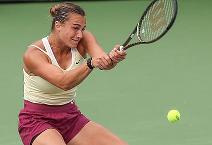 Aryna Sabalenka hits a shot while playing Evgeniya Rodina during the BNP Paribas Open in Indian Wells, Calif., March 10, 2023.

Bnp Friday 20