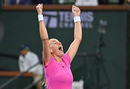 Mar 14, 2023; Indian Wells, CA, USA; Petra Kvitova (CZE)  celebrates after defeating Jessica Pegula (USA) 13-11 in a third set tiebreaker during her fourth round match in the BNP Paribas Open at the Indian Wells Tennis Garden. Mandatory Credit: Jayne Kamin-Oncea-USA TODAY Sports