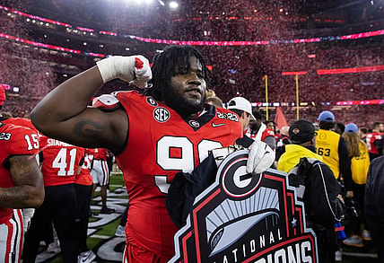 Jan 9, 2023; Inglewood, CA, USA; Georgia Bulldogs defensive lineman Bear Alexander (99) celebrates after defeating the TCU Horned Frogs during the CFP national championship game at SoFi Stadium. Mandatory Credit: Mark J. Rebilas-USA TODAY Sports