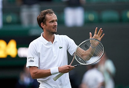 Jul 3, 2021; London, United Kingdom;  Daniil Medvedev (RUS) seen celebrating after beating Marin Cilic (CRO) on No 1 court in the men s third round at All England Lawn Tennis and Croquet Club. Mandatory Credit: Peter van den Berg-USA TODAY Sports