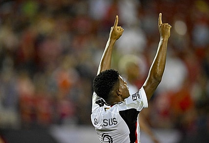 Aug 2, 2023; Frisco, TX, USA; FC Dallas defender Geovane Jesus (2) celebrates after the FC Dallas victory over Mazatlan FC at Toyota Stadium. Mandatory Credit: Jerome Miron-USA TODAY Sports