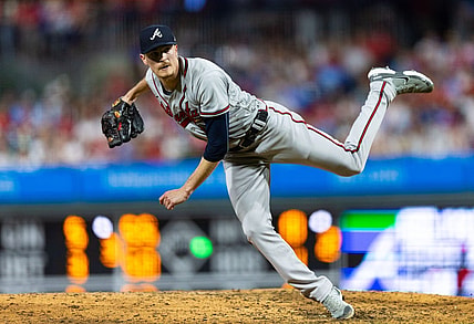 Sep 12, 2023; Philadelphia, Pennsylvania, USA; Atlanta Braves starting pitcher Max Fried (54) throws a pitch during the fourth inning against the Philadelphia Phillies at Citizens Bank Park. Mandatory Credit: Bill Streicher-USA TODAY Sports