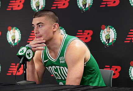Oct 2, 2023; Boston, Celtics, USA; Boston Celtics guard Payton Pritchard (11) talks with sports media during Boston Celtics Media Day. Mandatory Credit: David Butler II-USA TODAY Sports