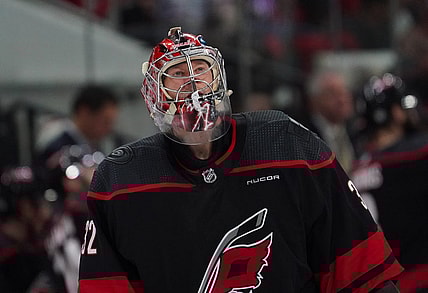 Jan 27, 2024; Raleigh, North Carolina, USA; Carolina Hurricanes goaltender Antti Raanta (32) looks on against the Arizona Coyotes during the second period at PNC Arena. Mandatory Credit: James Guillory-USA TODAY Sports