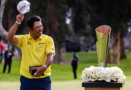 Feb 18, 2024; Pacific Palisades, California, USA; Hideki Matsuyama celebrates after winning The Genesis Invitational golf tournament at Riveria Country Club. Mandatory Credit: Jason Parkhurst-USA TODAY Sports
