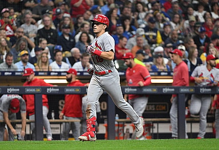 Sep 26, 2023; Milwaukee, Wisconsin, USA; St. Louis Cardinals shortstop Tommy Edman (19) rounds the bases after hitting a home run against the Milwaukee Brewers in the fifth inning at American Family Field. Mandatory Credit: Michael McLoone-USA TODAY Sports