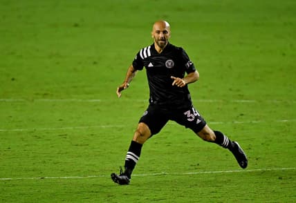 Oct 14, 2020; Fort Lauderdale, Florida, USA; Inter Miami CF midfielder Federico Higuain (34) runs on the pitch during the second half against Atlanta United at Inter Miami CF Stadium. Mandatory Credit: Jasen Vinlove-USA TODAY Sports