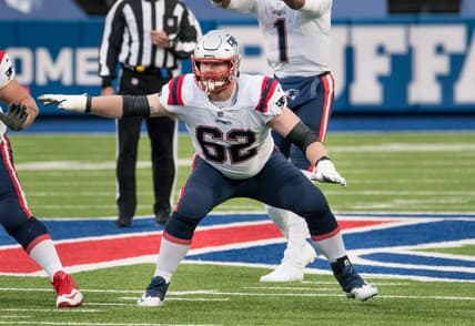 Nov 1, 2020; Orchard Park, New York, USA; New England Patriots offensive guard Joe Thuney (62) blocks on a play in the third quarter against the Buffalo Bills at Bills Stadium. Mandatory Credit: Mark Konezny-USA TODAY Sports