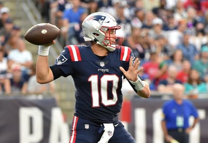 Sep 12, 2021; Foxborough, Massachusetts, USA;  New England Patriots quarterback Mac Jones (10) throws a pass during the second half against the Miami Dolphins at Gillette Stadium. Mandatory Credit: Bob DeChiara-USA TODAY Sports