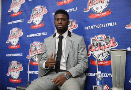 Sep 18, 2018; Lucan, Ontario, CAN; Toronto Maple Leafs defenseman Jordan Subban (46) poses for a photo during their preseason game against the Ottawa Senators at Lucan Community Memorial Centre. The Maple Leafs beat the Senators 4-1. Mandatory Credit: Tom Szczerbowski-USA TODAY Sports