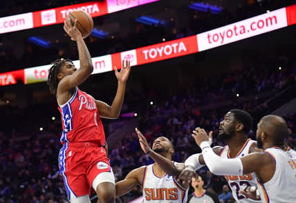 Feb 8, 2022; Philadelphia, Pennsylvania, USA; Philadelphia 76ers guard Tyrese Maxey (0) drives to the basket against the Phoenix Suns during the first quarter at Wells Fargo Center. Mandatory Credit: Eric Hartline-USA TODAY Sports