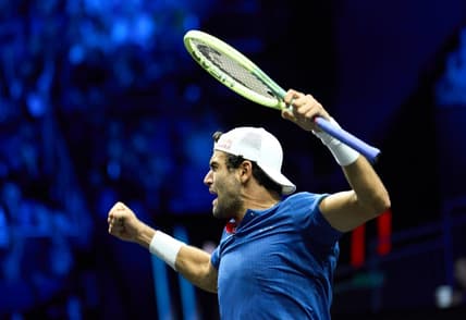 Sep 24, 2022; London, United Kingdom;Matteo Berrettini (ITA) celebrates winning against Felix Auger-Aliassime (CAN) in a Laver Cup singles match.  Mandatory Credit: Peter van den Berg-USA TODAY Sports