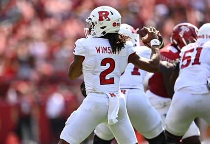 Sep 17, 2022; Philadelphia, Pennsylvania, USA; Rutgers Scarlet Knights quarterback Gavin Wimsatt (2) throws a pass against the Temple Owls in the first half at Lincoln Financial Field. Mandatory Credit: Kyle Ross-USA TODAY Sports