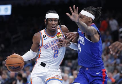 Oct 25, 2022; Oklahoma City, Oklahoma, USA; Oklahoma City Thunder guard Shai Gilgeous-Alexander (2) drives to the basket against LA Clippers guard Terance Mann (14) during the first half at Paycom Center. Mandatory Credit: Alonzo Adams-USA TODAY Sports