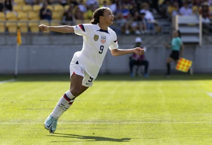 Jan 18, 2023; Wellington, NZL;  United States women's soccer forward Mallory Swanson (9) after scoring in the second half during the International Friendly between New Zealand and USA at Sky Stadium.  Mandatory Credit: Brett Phibbs-USA TODAY Sports