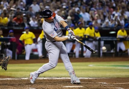 Mar 15, 2023; Phoenix, Arizona, USA; USA outfielder Mike Trout hits a two run single in the fifth inning against Colombia during the World Baseball Classic at Chase Field. Mandatory Credit: Mark J. Rebilas-USA TODAY Sports