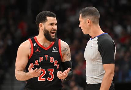 Mar 22, 2023; Toronto, Ontario, CAN;  Toronto Raptors guard Fred VanVleet (3) discusses a call with game official Jason Goldenberg (35) in the first half against the Indiana Pacers at Scotiabank Arena. Mandatory Credit: Dan Hamilton-USA TODAY Sports