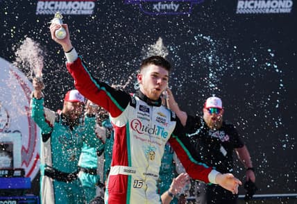 Apr 1, 2023; Richmond, Virginia, USA; Xfinity Series driver Chandler Smith (16) celebrates in victory lane after his win in the ToyotaCare 250 at Richmond Raceway. Mandatory Credit: John David Mercer-USA TODAY Sports