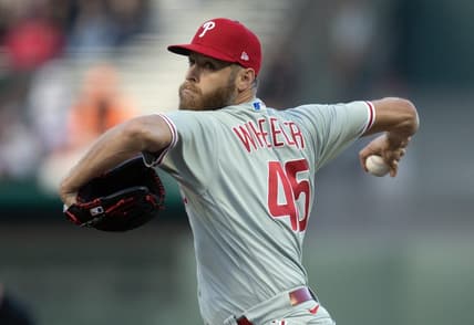 May 16, 2023; San Francisco, California, USA; Philadelphia Phillies starting pitcher Zack Wheeler (45) delivers a pitch against the San Francisco Giants during the first inning at Oracle Park. Mandatory Credit: D. Ross Cameron-USA TODAY Sports