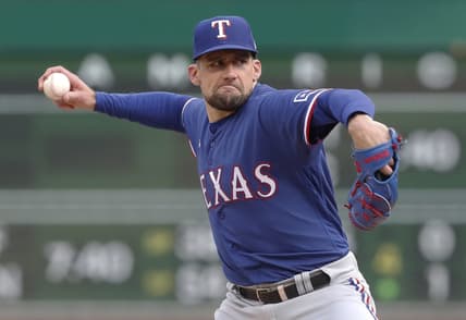 May 23, 2023; Pittsburgh, Pennsylvania, USA; Texas Rangers starting pitcher Nathan Eovaldi (17) delivers a pitch  against the Pittsburgh Pirates during the first inning at PNC Park. Mandatory Credit: Charles LeClaire-USA TODAY Sports