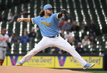 Jun 7, 2023; Milwaukee, Wisconsin, USA; Milwaukee Brewers starting pitcher Corbin Burnes (39) delivers a pitch against the Baltimore Orioles in the first inning at American Family Field. Mandatory Credit: Michael McLoone-USA TODAY Sports