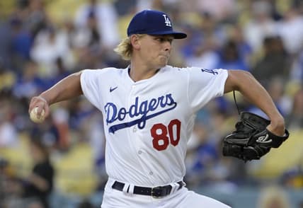 Jun 23, 2023; Los Angeles, California, USA;  Los Angeles Dodgers starting pitcher Emmet Sheehan (80) delivers in the first inning against the Houston Astros at Dodger Stadium. Mandatory Credit: Jayne Kamin-Oncea-USA TODAY Sports