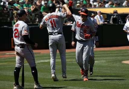 Aug 20, 2023; Oakland, California, USA; Baltimore Orioles first baseman Ryan Mountcastle (6) celebrates his three-run home run against the Oakland Athletics during the fourth inning at Oakland-Alameda County Coliseum. Mandatory Credit: D. Ross Cameron-USA TODAY Sports