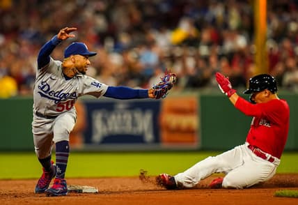 Aug 25, 2023; Boston, Massachusetts, USA; Los Angeles Dodgers right fielder Mookie Betts (50) makes the out at second base against the Boston Red Sox in the fifth inning at Fenway Park. Mandatory Credit: David Butler II-USA TODAY Sports
