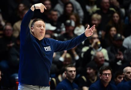 Jan 13, 2024; West Lafayette, Indiana, USA; Penn State Nittany Lions head coach Mike Rhoades reacts during the first half against the Purdue Boilermakers at Mackey Arena. Mandatory Credit: Marc Lebryk-USA TODAY Sports