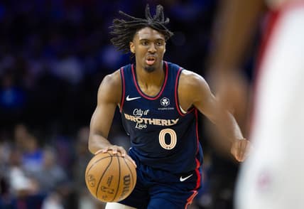 Mar 27, 2024; Philadelphia, Pennsylvania, USA; Philadelphia 76ers guard Tyrese Maxey (0) dribbles the ball against the LA Clippers during the second quarter at Wells Fargo Center. Mandatory Credit: Bill Streicher-USA TODAY Sports