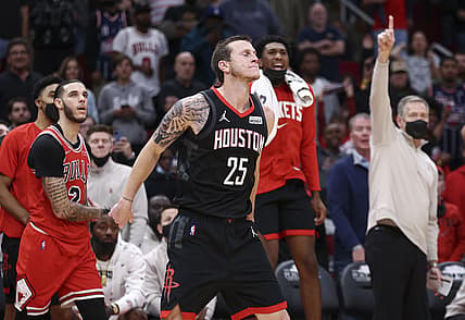 Nov 24, 2021; Houston, Texas, USA; Houston Rockets guard Garrison Mathews (25) reacts after making a basket during the fourth quarter against the Chicago Bulls at Toyota Center. Mandatory Credit: Troy Taormina-USA TODAY Sports